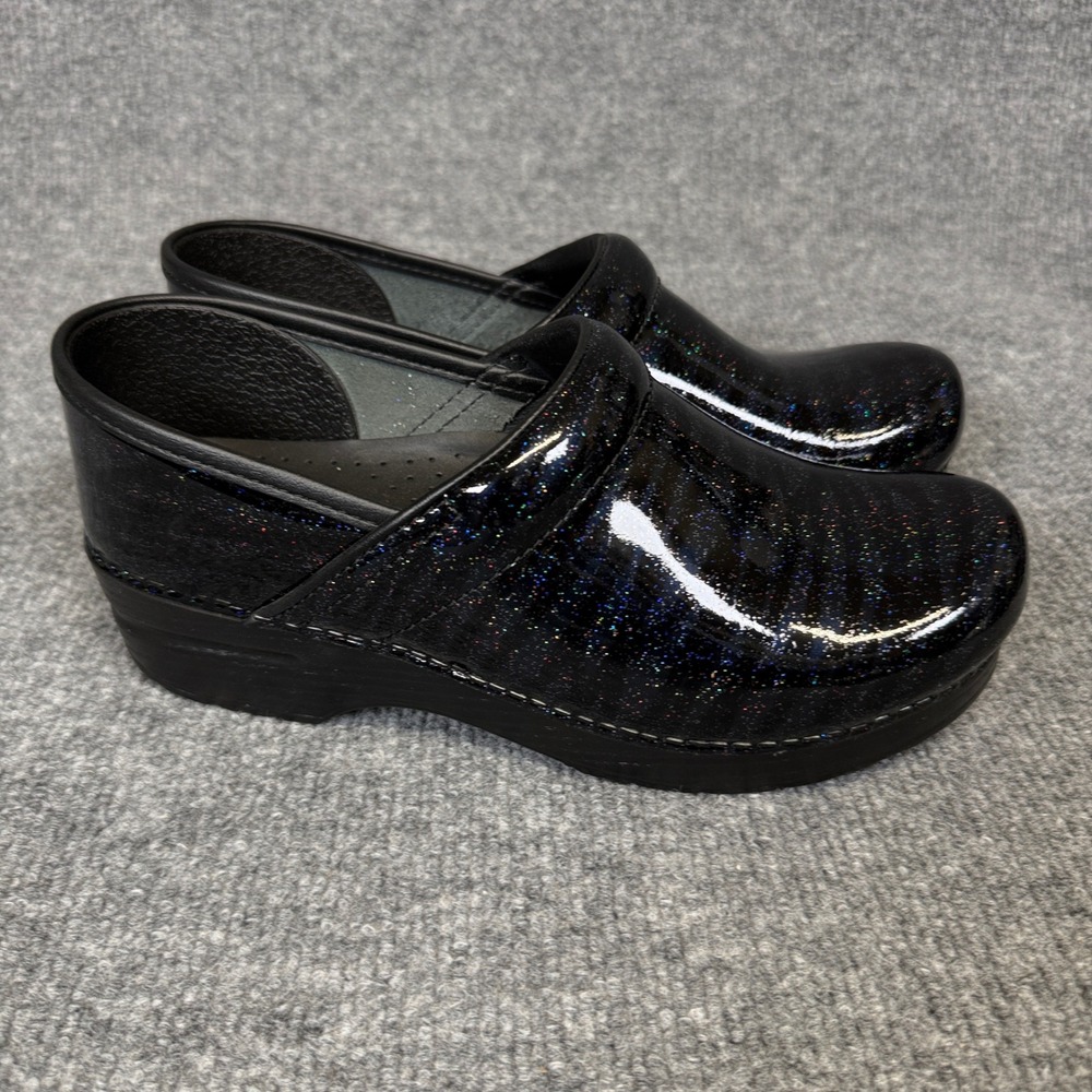 Dansko Size 38 7.5 Clogs Comfort Shoes Glitter Stripe Leather Slip On Sparkle
